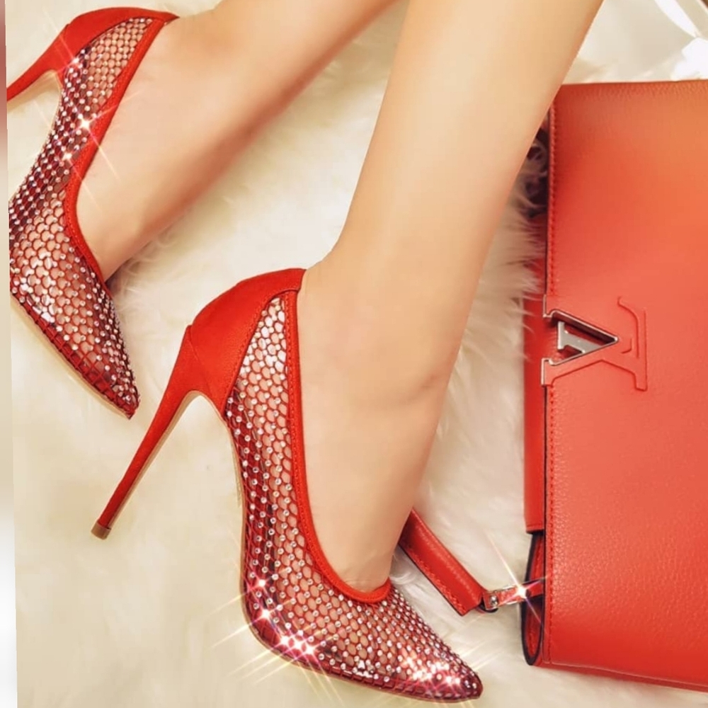 🍒last 7.5 🍓 Red  Sexy Fishnet pointed Heel - Picture 3 of 6